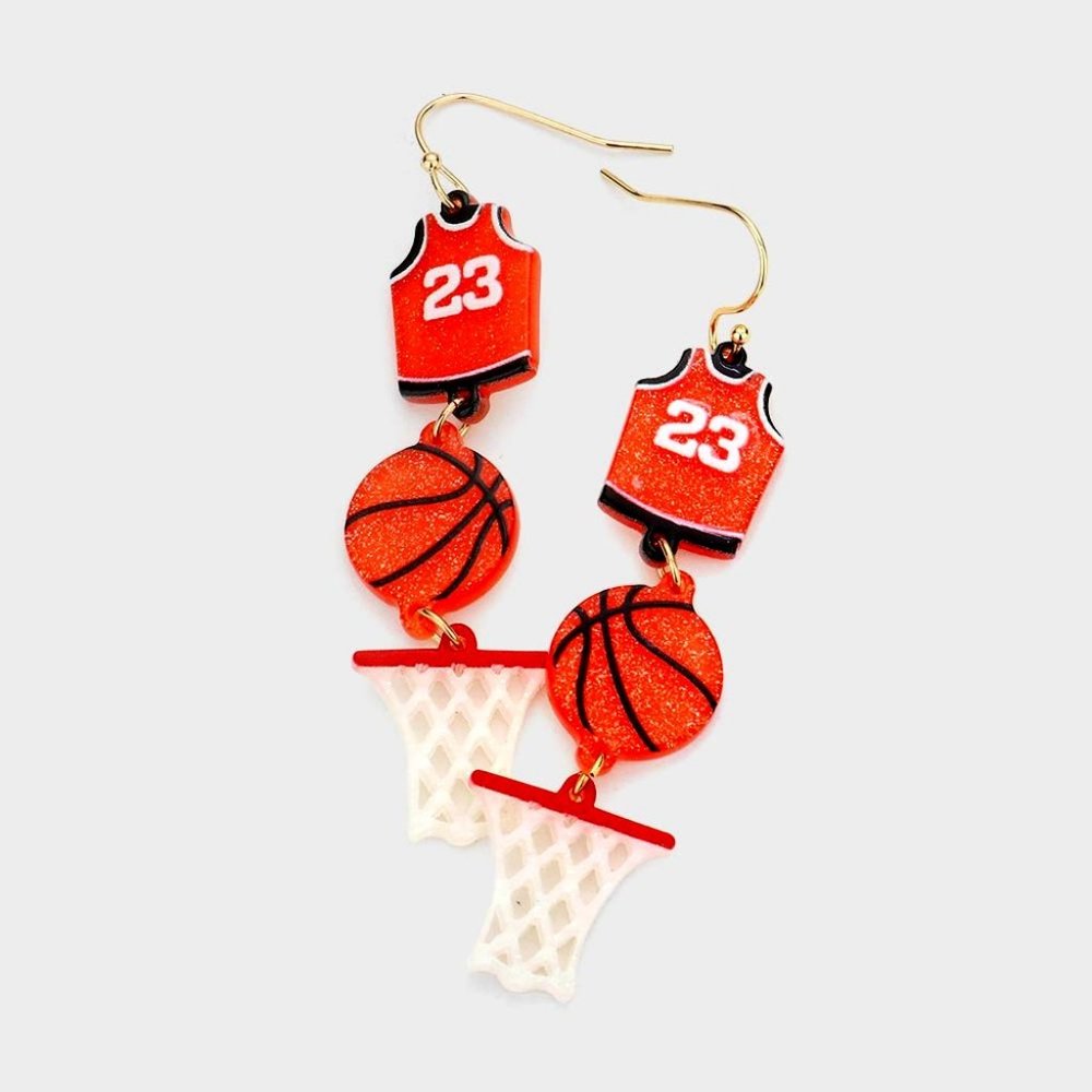 Basketball Uniform Ball Net Drop Down Earrings, Sports Jewelry